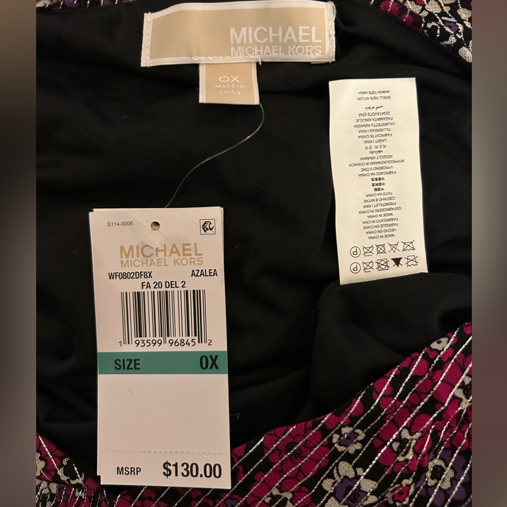 Michael Kors Dress 0X plus NWT Floral black purple pink designer V-Neck - Picture 9 of 10
